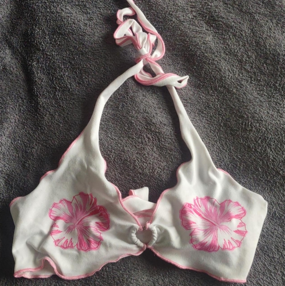 SHEIN White and Pink Floral Halter Bra